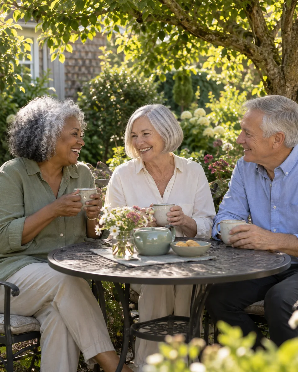 Three older friends enjoying tea and conversation in a garden